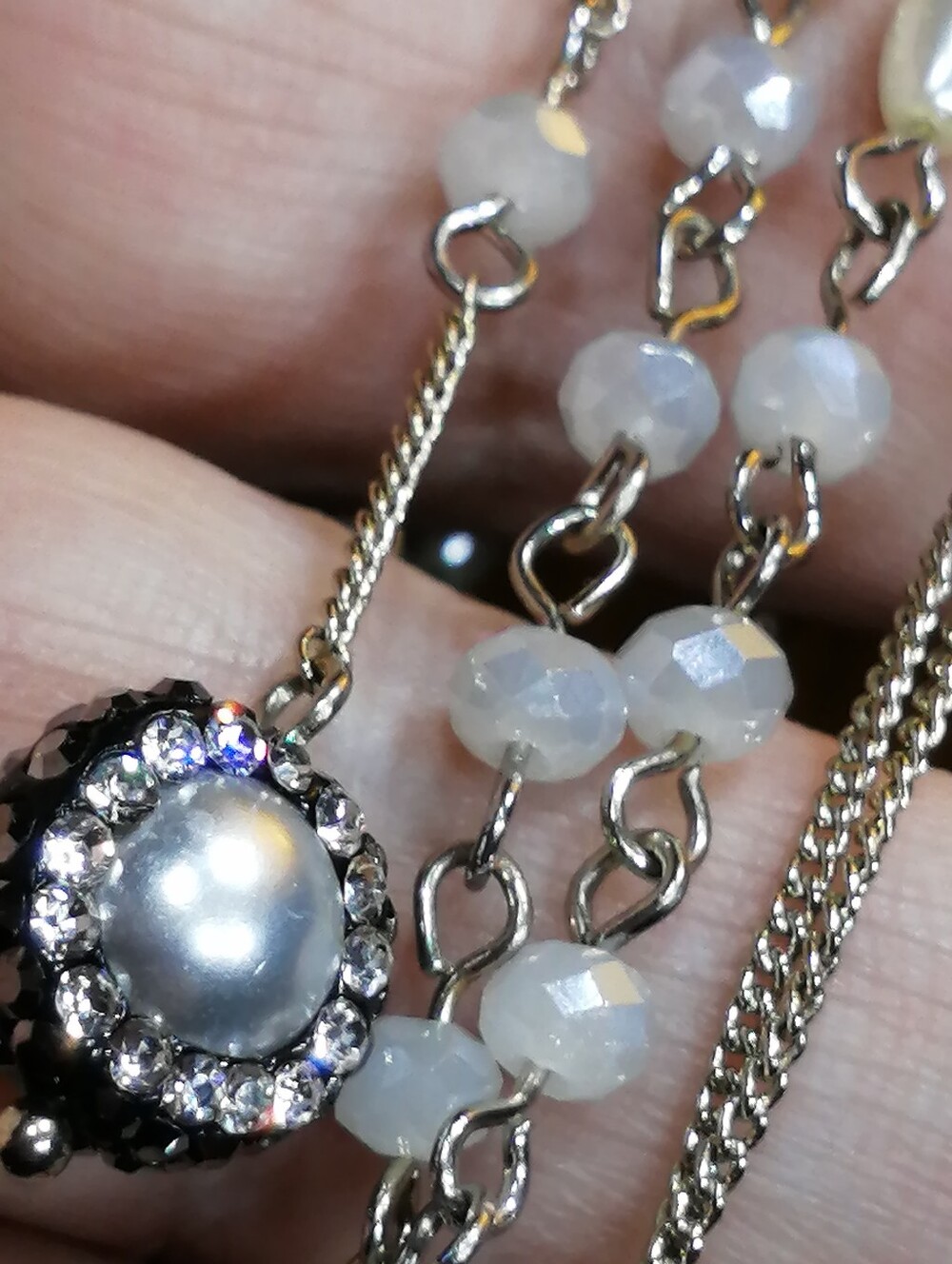 Delicate Long Sautoir With Sparkling Crystals Pearl Pendant Necklace 24"+3" Long